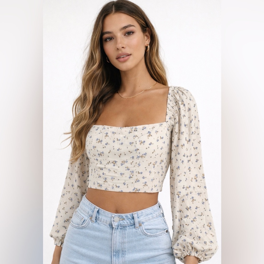 Wild Fable Cream Puff Sleeve Crop Top Off Shoulder Long Sleeve L EUC Festival